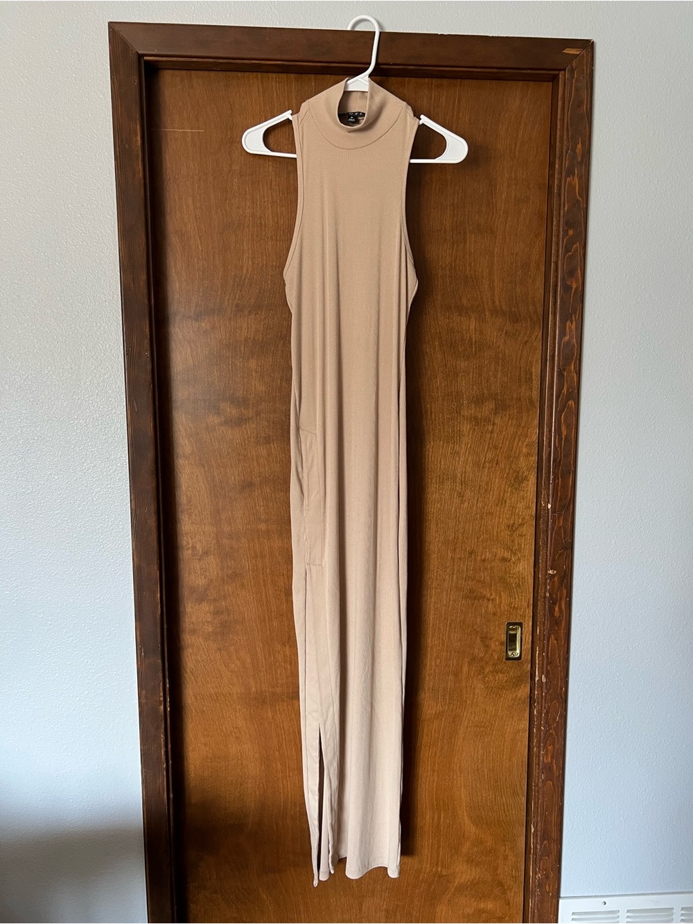 FORE Sleeveless High-Neck Ribbed Maxi Dress in Taupe
